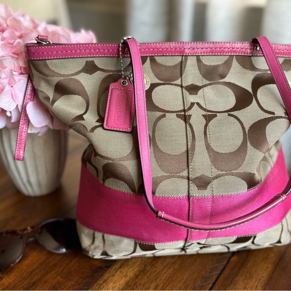 Coach Signature Stripe Tote with Wristlet | Pink and Khaki